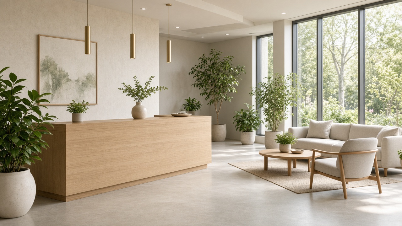 Bright wellness clinic with plants and soft seating
